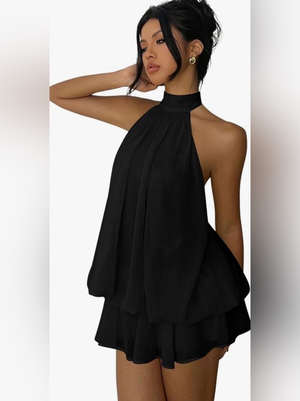 Elegant Black Halter Layered Mini Dress